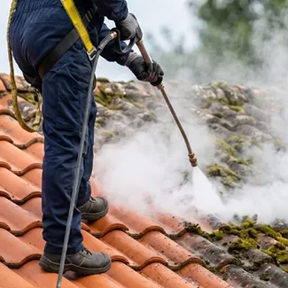 Démoussage de toiture en tuiles — Eauxigen Démoussage d’une toiture en tuiles par Eauxigen, en sécurité lors du travail en hauteur
